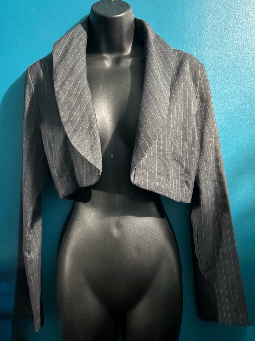 Cropped Pinstripe Blazer Jacket - Dark Gray